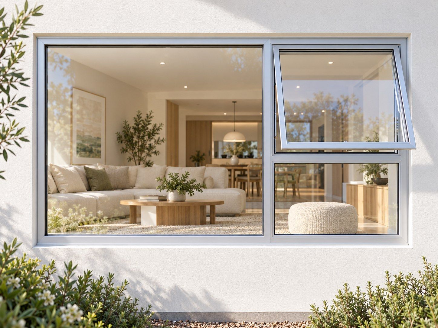 Kenzo Premium Top-Hung Aluminium Window - Silver, 1800 900 mm, Right Upper Opener with Fixed Lower and Side Panes, Clear Glass