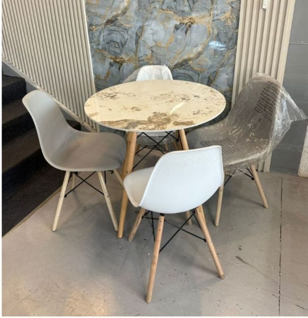 Modern Dining Set with Round Marble-Effect Table and 4 White Shell Chairs, Wooden Legs