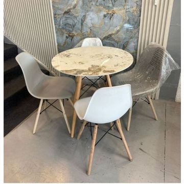 Modern Dining Set with Round Marble-Effect Table and 4 White Shell Chairs, Wooden Legs