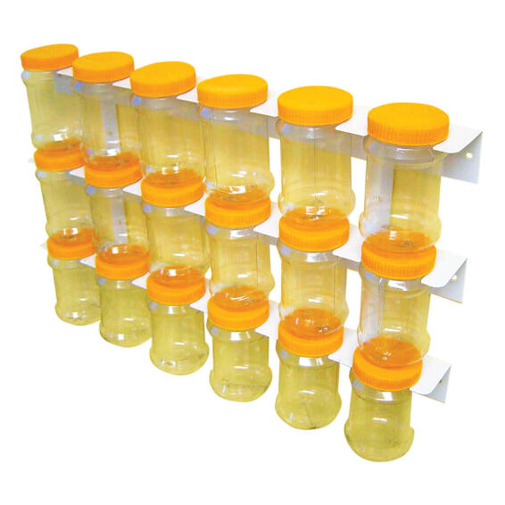 Storage bottles x18 with 3 tier rack W54cm x H12cm x D7.5cm per rack