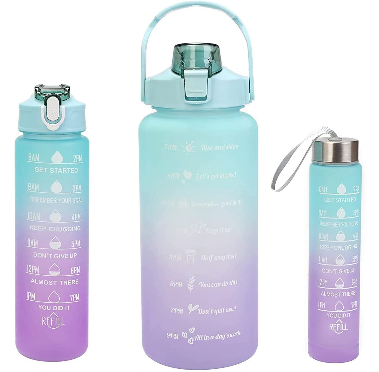 3 Pcs Motivational Gradient Water Bottle (BPA Free) . Gym Bottle, School Bottle - Green