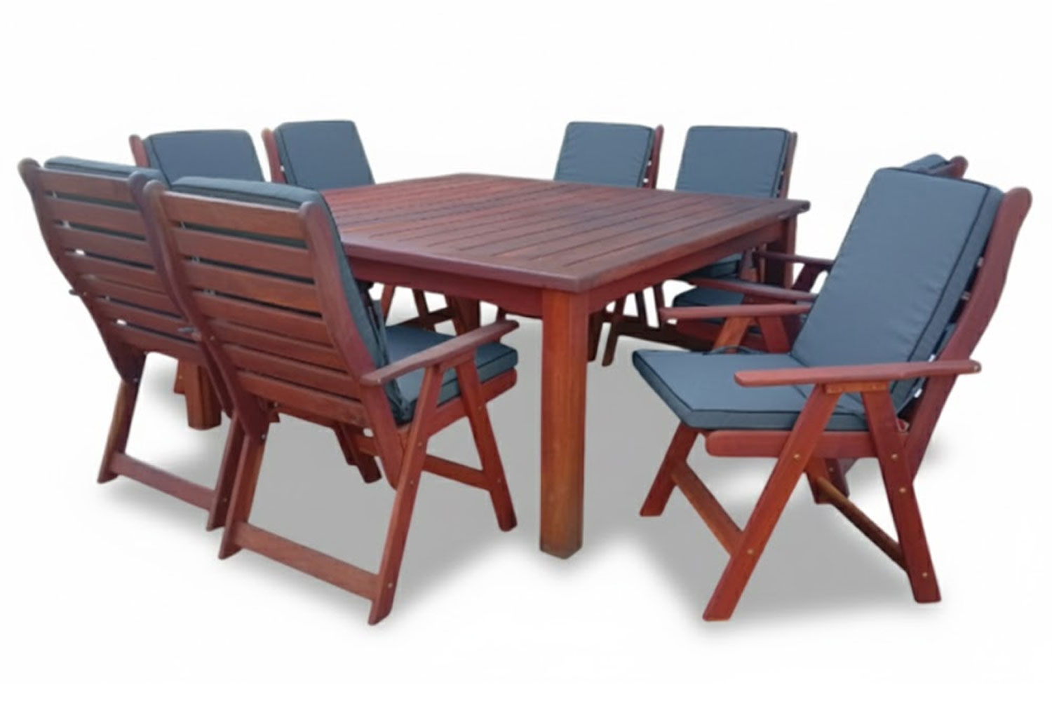 Zambezi Teak Patio Dining Set 8-Seater 1700mm Square x1 Table x8 Highback Chairs (Charcoal Cushions)