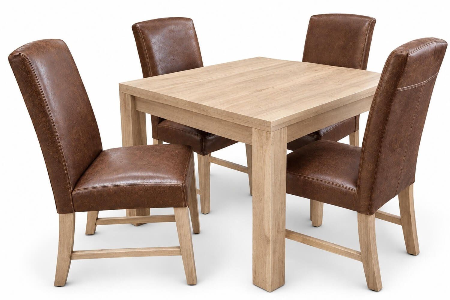 Primo Dining Set 5-Piece Solid Cottonwood Table 1000mm x 1000mm x4 Primo Genuine Leather Dining Chairs (Brandy)