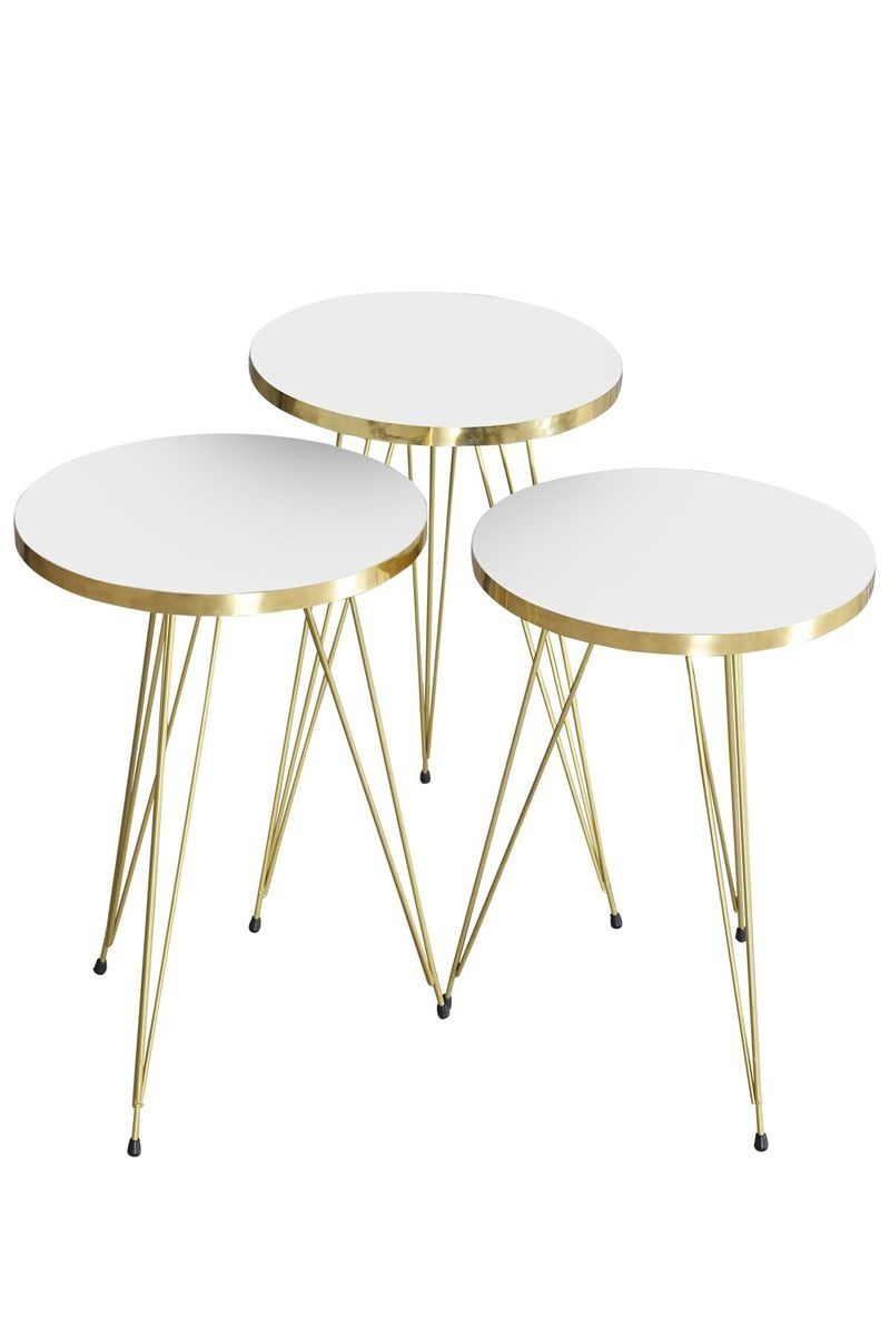 Luxurious Modern 3 Piece Round Nesting Side/End Table Set with Metal Legs - White & Gold