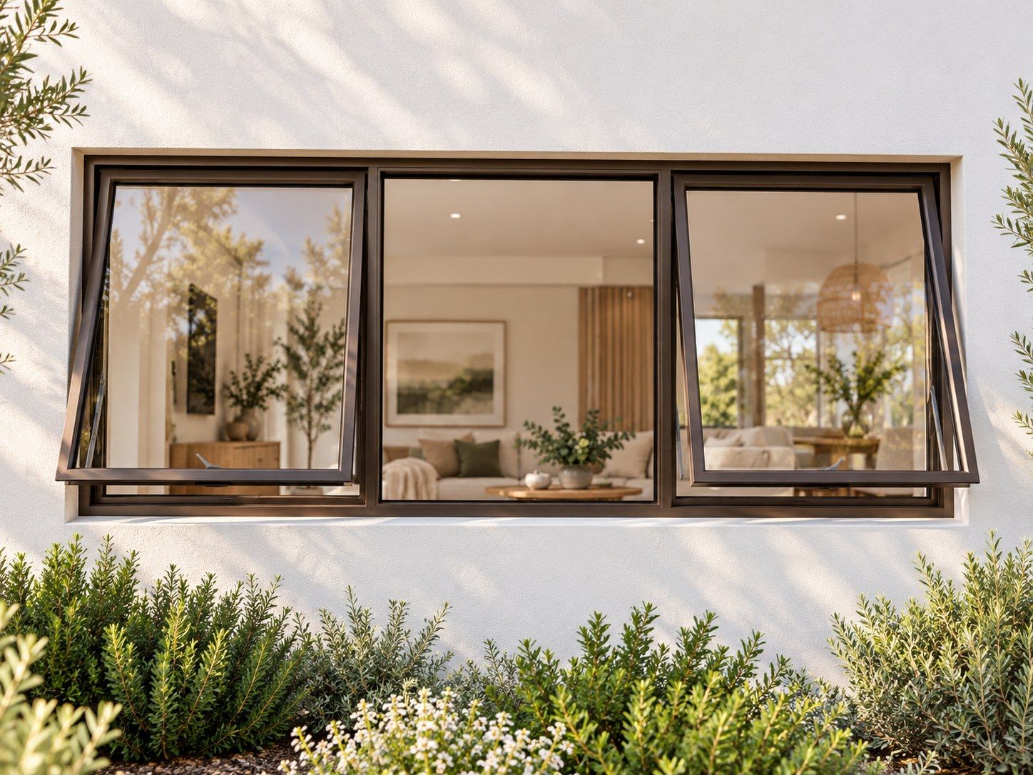 Kenzo Premium Top-Hung Aluminium Window - Bronze, 1800 600 mm, Two Outer Openers with Fixed Centre, Clear Glass