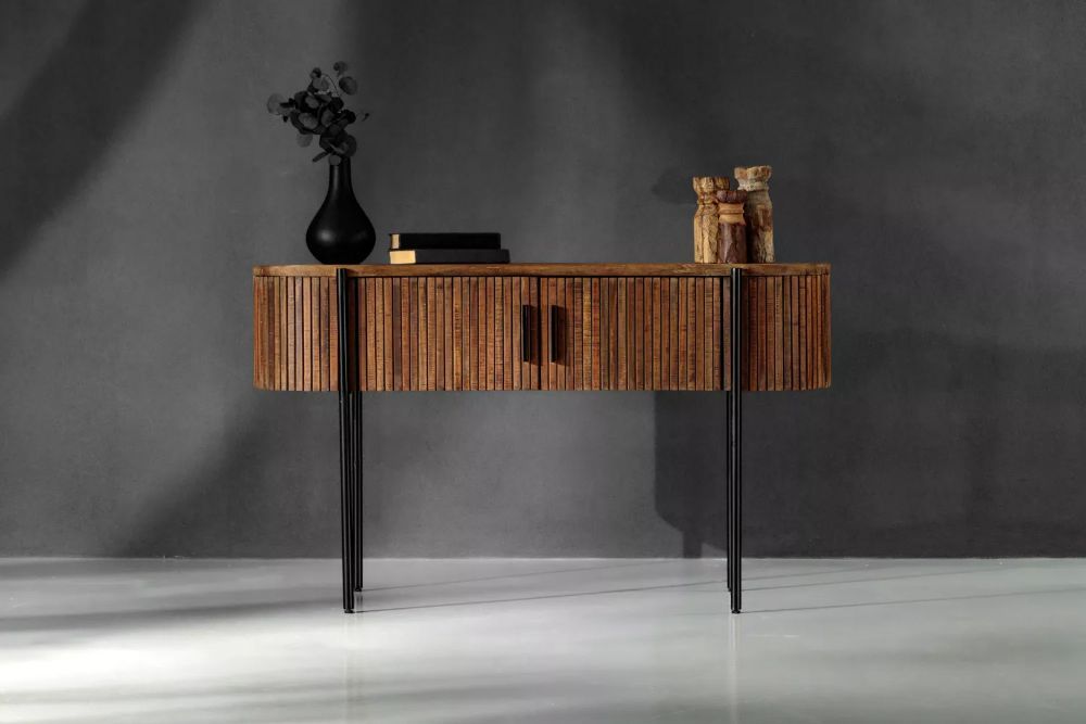 View of Bentry Recycled Teak Console Table Modern Console with Steel Legs