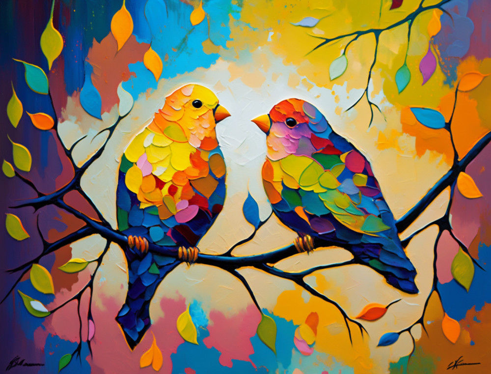 Canvas Wall Art - Canvas Wall Art: Lovebirds Acrylic Painting - B1317 - [120 x 80 cm]