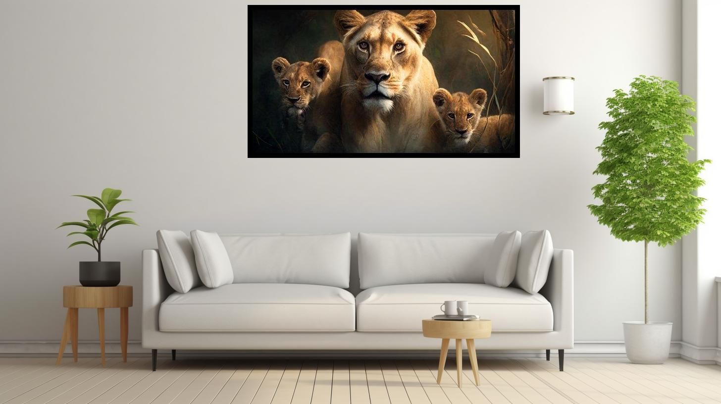 Canvas Wall Art - Lionness with 2 cubs - B1592 [120 x 80 cm]