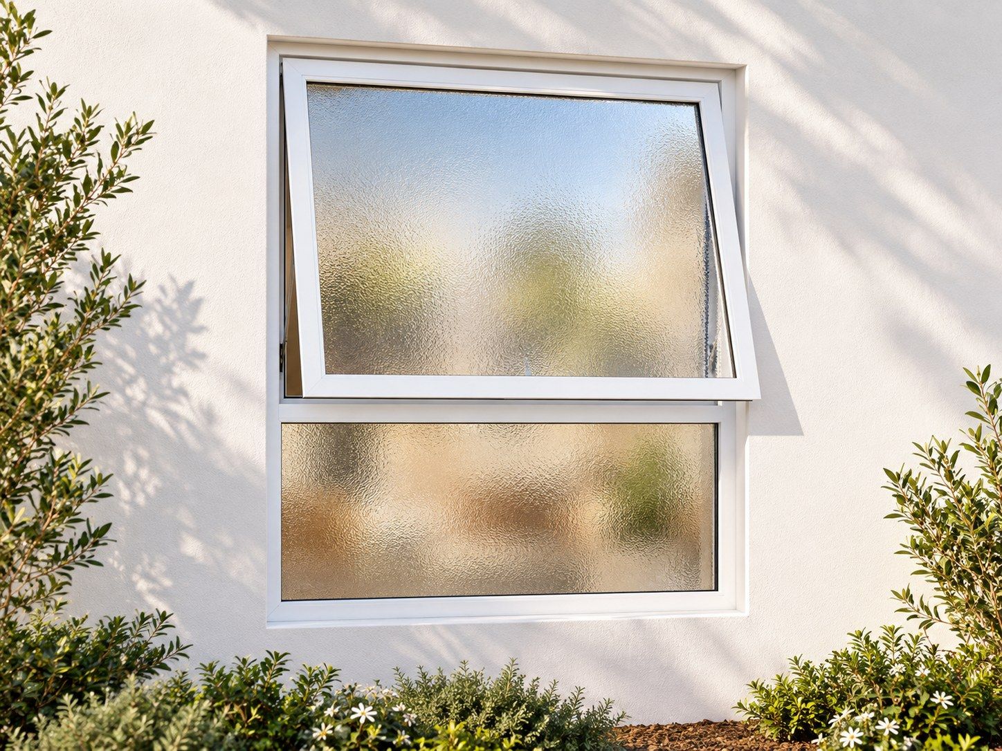 Kenzo Premium Top-Hung Aluminium Window - White, 600 900 mm, Upper Opener with Fixed Lower Pane, Obscure Safety Glass