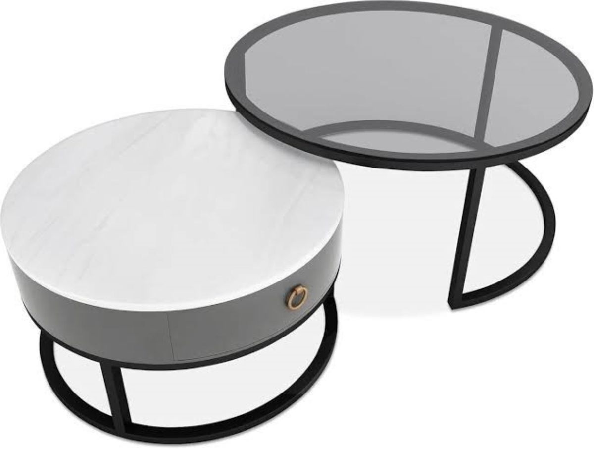 2 Round Nesting Glass & Marble Coffee Table with Storage Drawer
