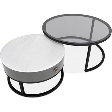 2 Round Nesting Glass & Marble Coffee Table with Storage Drawer