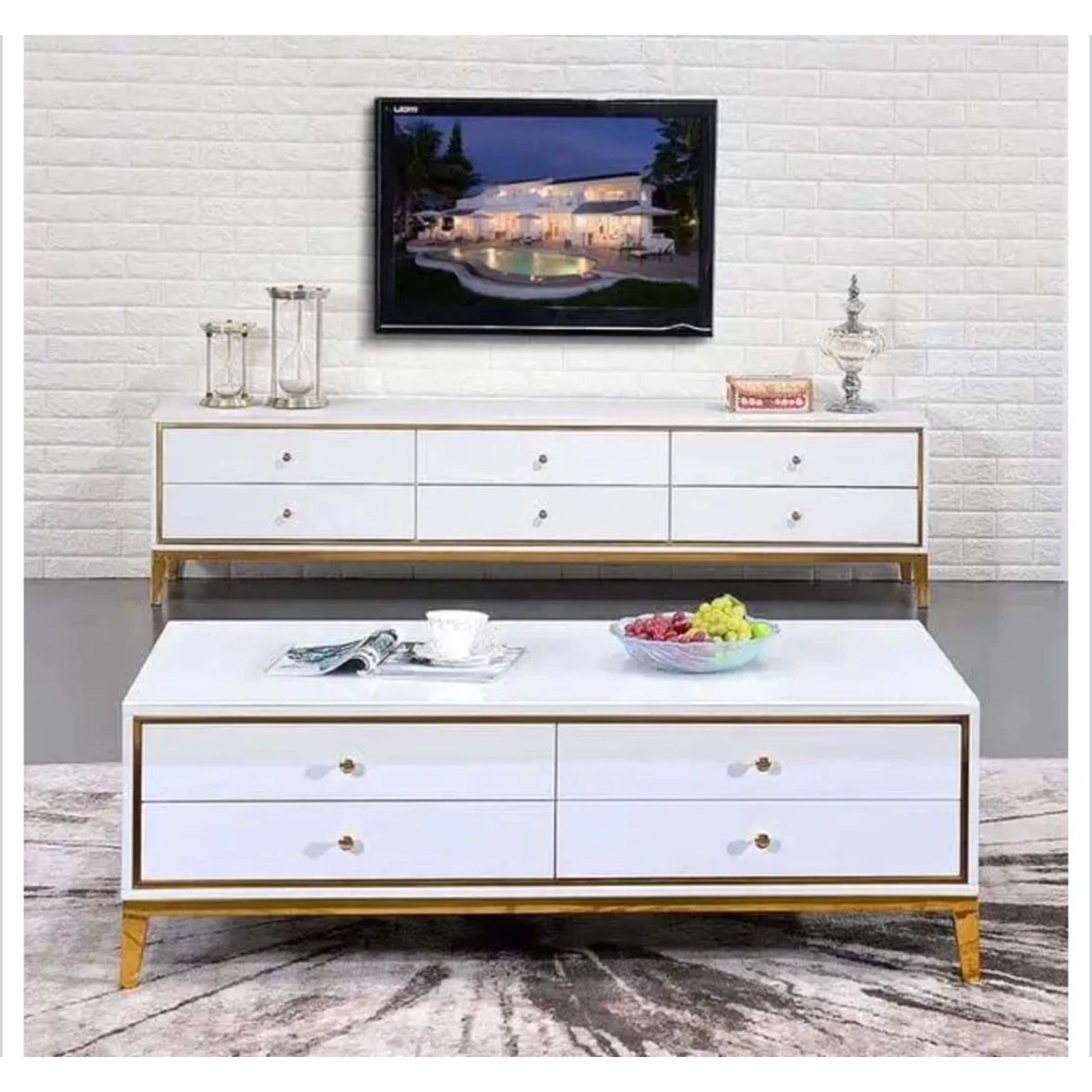 Madiega Furniture - White Finish TV Stand With Gold Accents