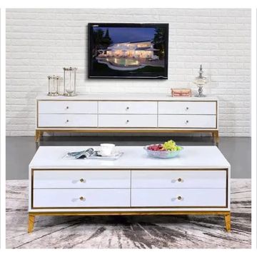 Madiega Furniture - White Finish TV Stand With Gold Accents