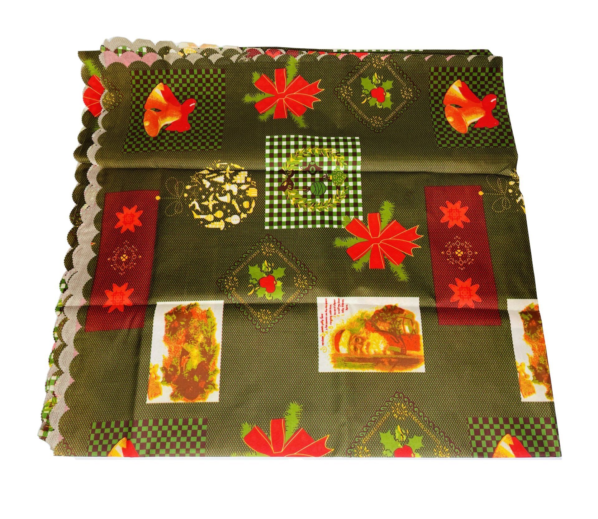 TABLECLOTH GREEN WITH RED BOWS 150X275CM