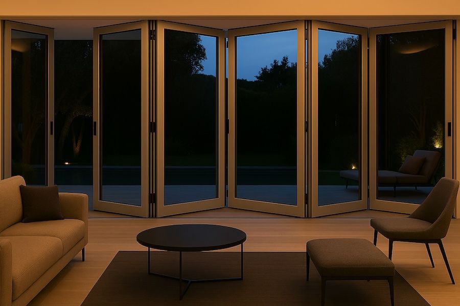 Kenzo - SFD6FG7LS - Aluminium Fold A-Side Door 4.2mx2.1m Silver 5 Doors Open Left, 1 Door Open Right Viewed From Outside