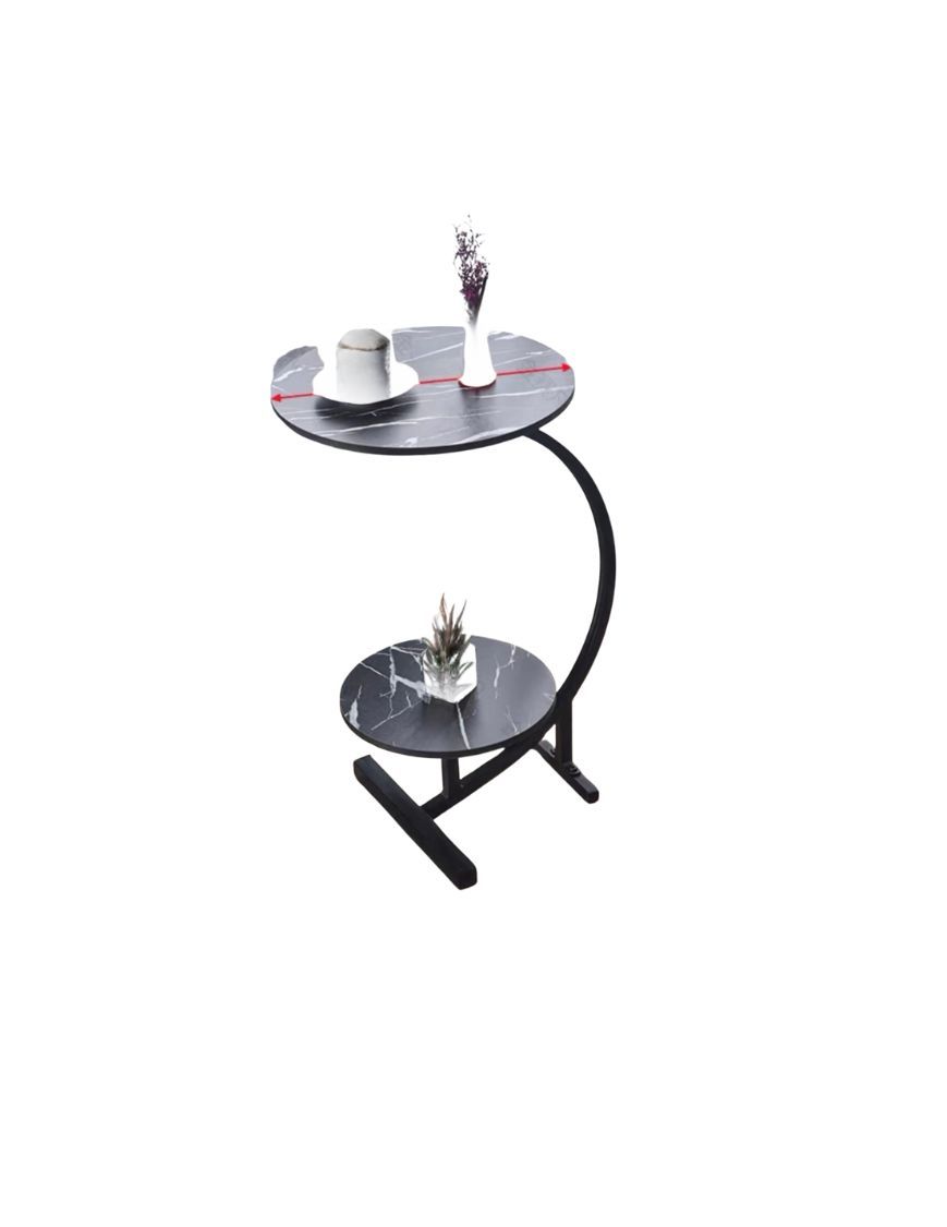 Modern 2-Tier Side Table with Curved Stand, Marble Effect Top, Black Metal Frame