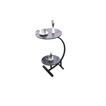Modern 2-Tier Side Table with Curved Stand, Marble Effect Top, Black Metal Frame