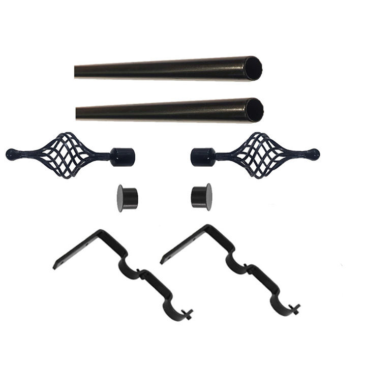 Matoc 32mm Curtain Double Metal Pole Set -Extend Brkts -Multibasket Finials -Black -1.0m
