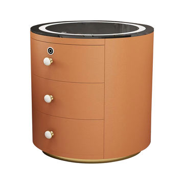 Modern Intelligent Round Bedside Table With Tempered Glass & Orange Finish