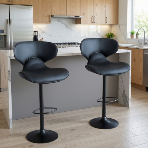 Poppy Contemporary Black Swivel Bar Stools (Set of 2) — Ergonomic Curved Back, Adjustable Barstool for Kitchen Island
