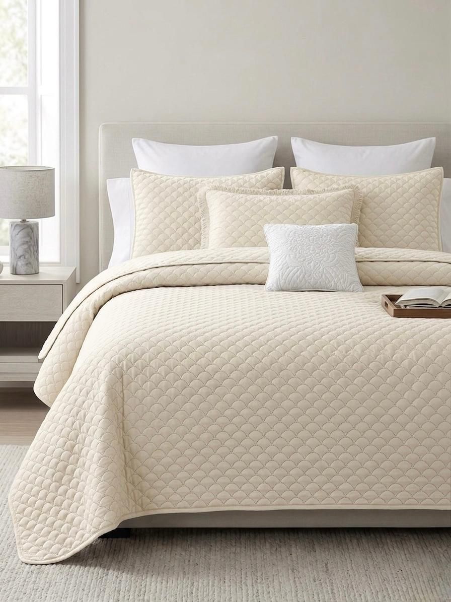 Premium Embossed Bedspread 5 Piece Set - Cream White - Queen/King
