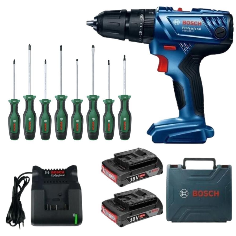 Bosch GSB 180LI Cordless 18v Impact Drill with Screwdriver Set 8pc
