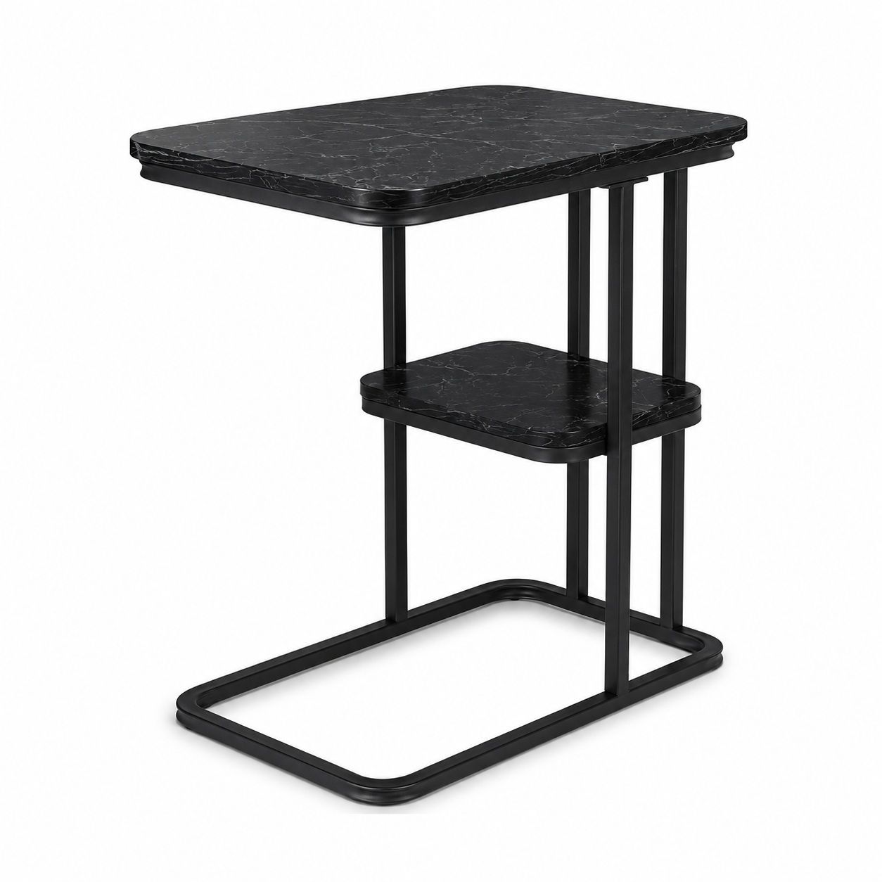 Modern 2-Tier C-Shaped Side Table with Black Marble