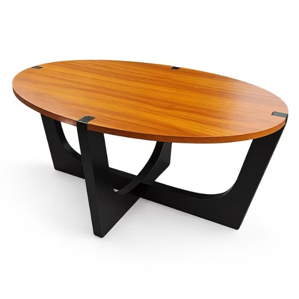 Rowan Walnut Oval Coffee Table with Black Crisscross Metal Base