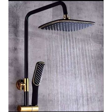 MHome Wall Mounted Bathroom Shower Set Black+Rainfall Shower Head+ Hand Held Spray Tap