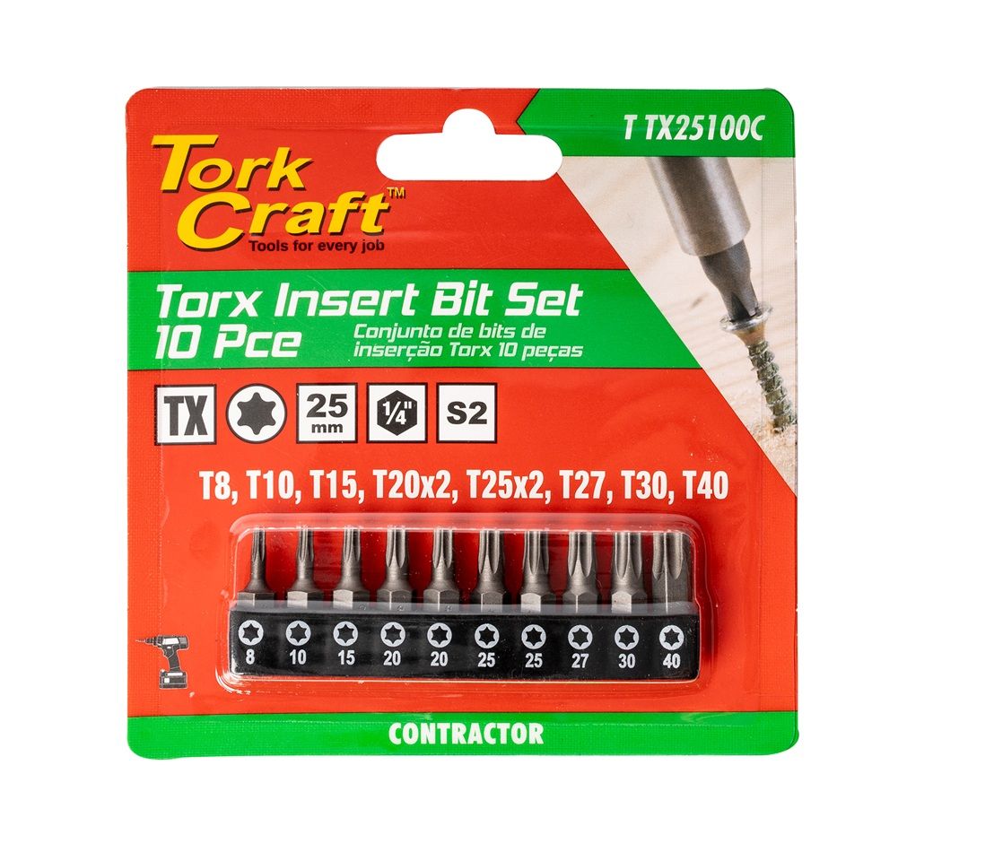 10Pc Torx 25Mm Insert Bit Set (T8, T10, T15, T20X2, T25X2, T27, T30