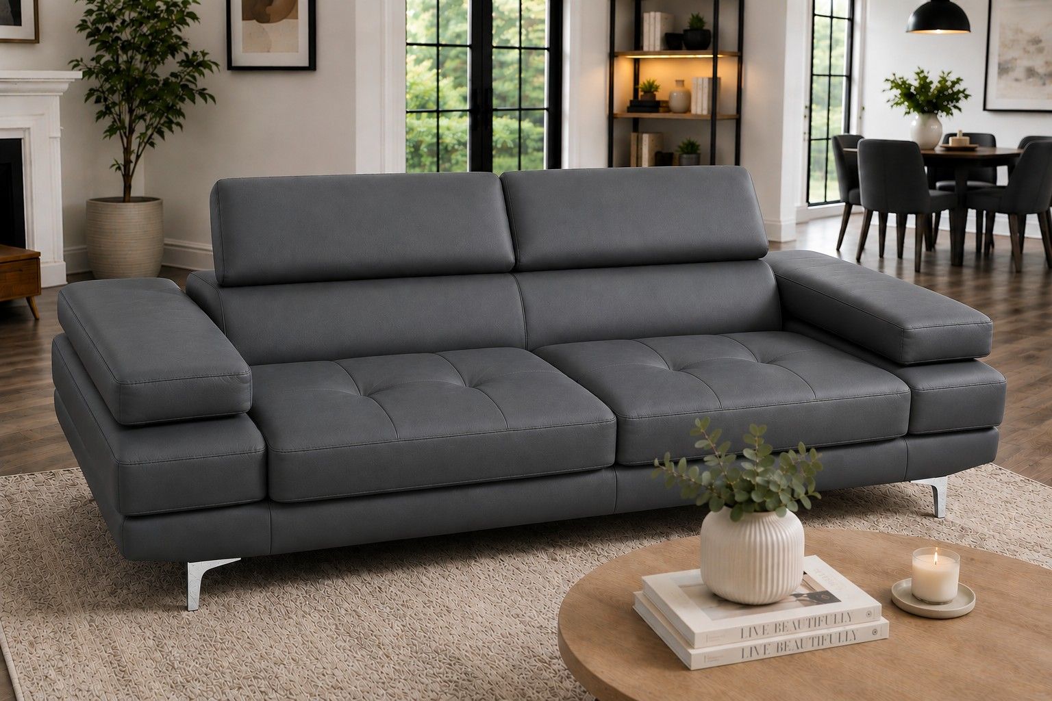 ASHER 2-Division Leather Sofa Grey with Silver legs