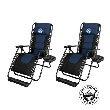 Outdoor Explorer Atlas 160kg Padded Zero Gravity Recliner Chair – Cushion, Footrest & Large Side Tray – 65 cm Wide (Set of 2)