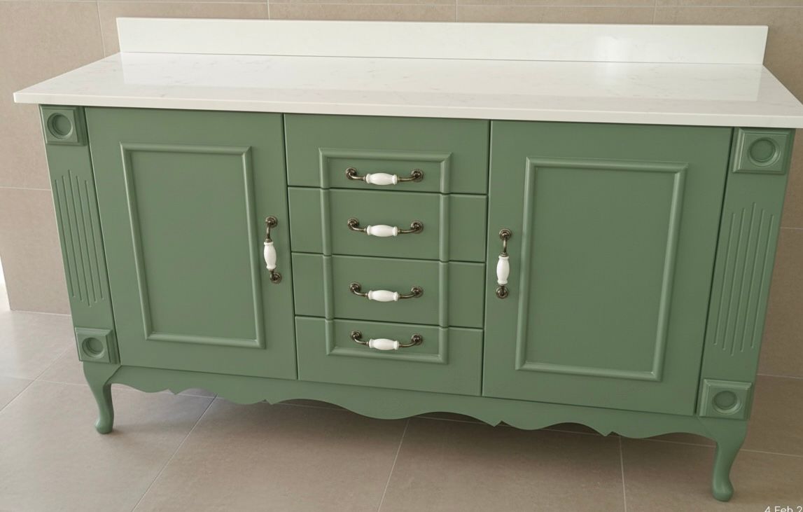Double Vanity , Sage Green w/ White Magnolia quartz Top.