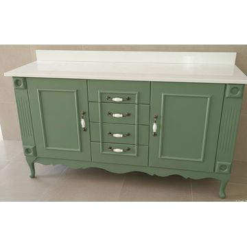 Double Vanity , Sage Green w/ White Magnolia quartz Top.
