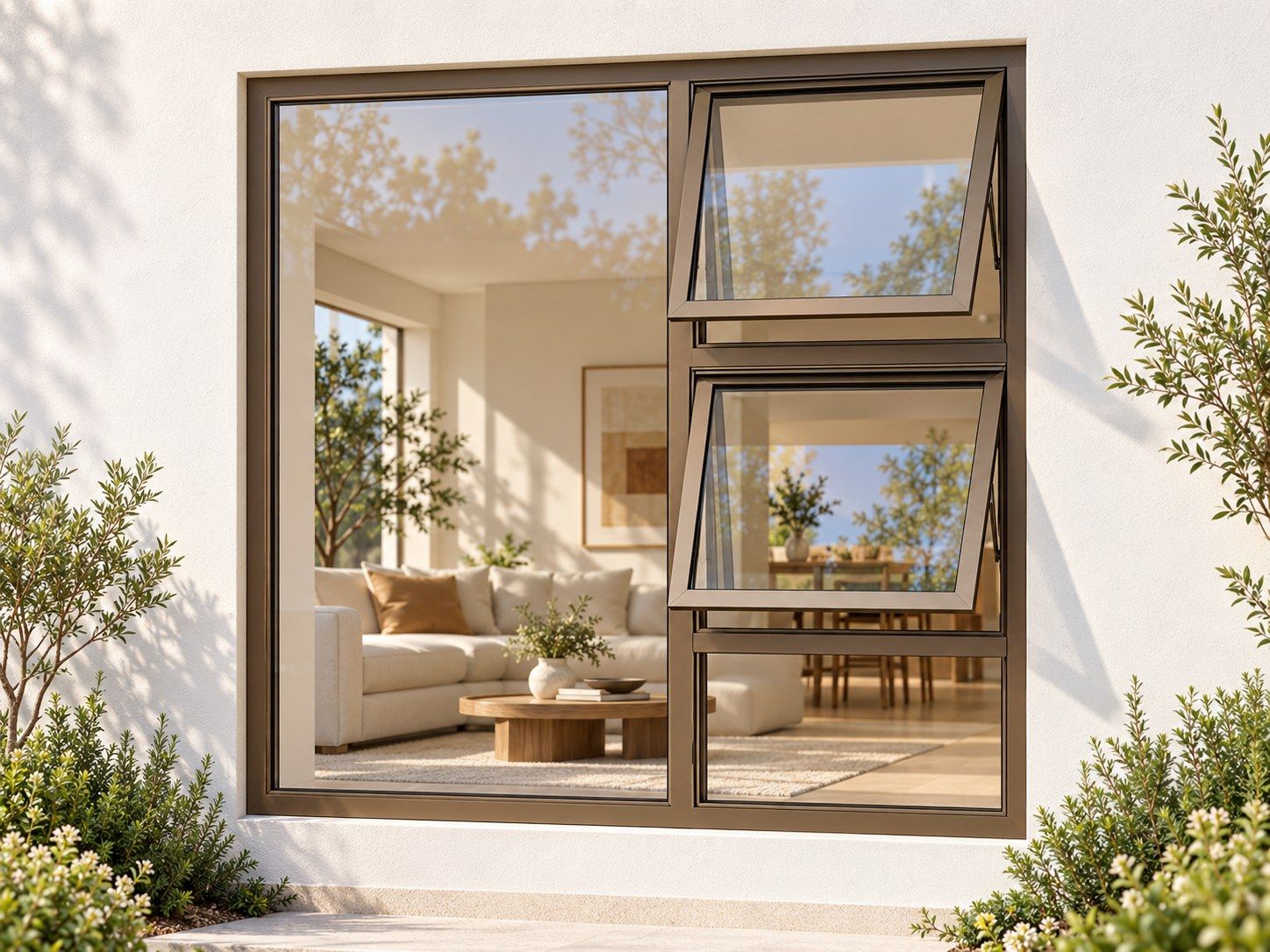 Kenzo Premium Top-Hung Aluminium Window - Bronze, 1500 1500 mm, Right Two Openers with Fixed Lower and Side Panes, Clear Glass