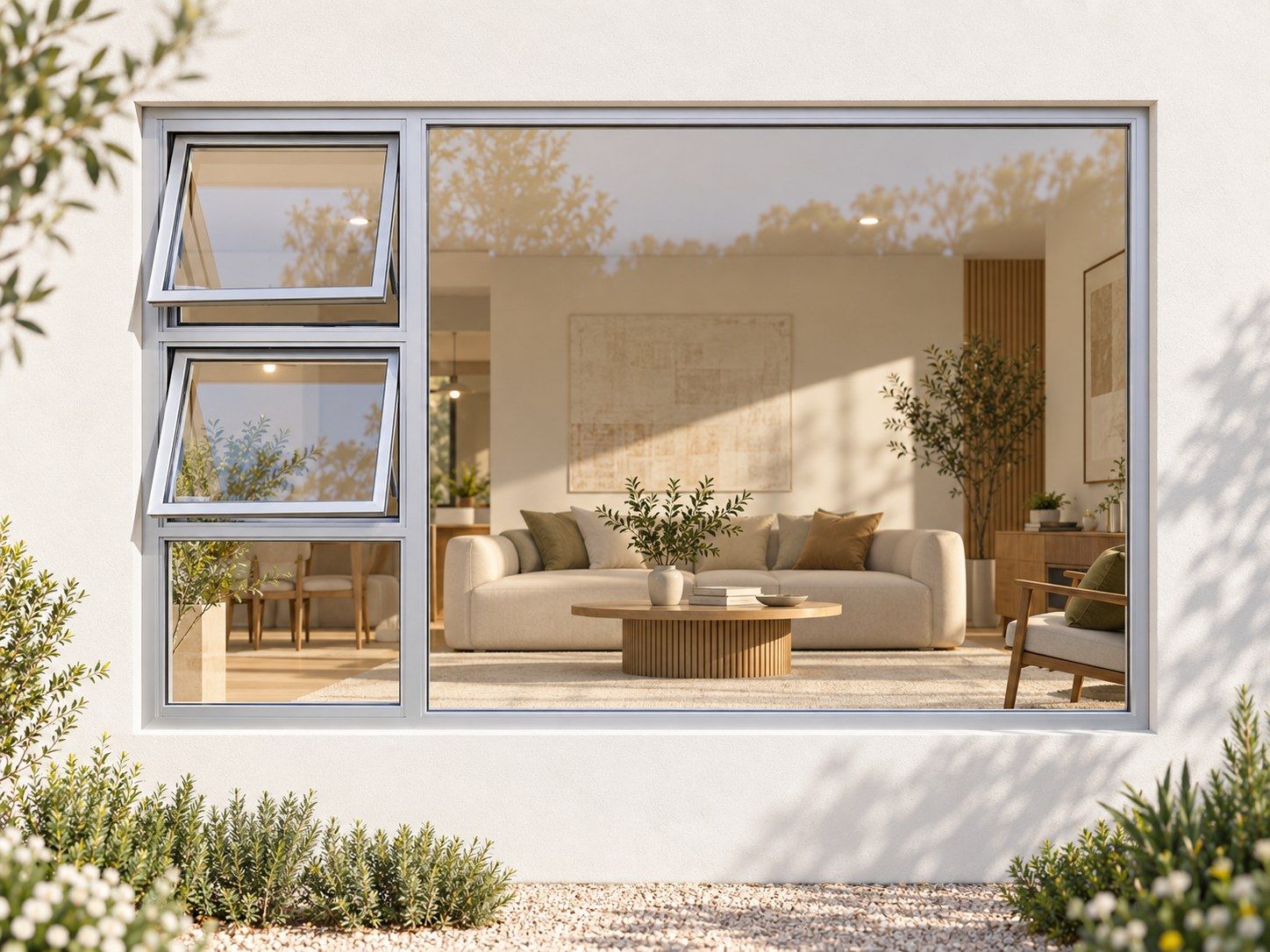 Kenzo Premium Top-Hung Aluminium Window - Silver, 2400 1800 mm, Left Two Openers with Fixed Lower and Side Panes, Clear Glass