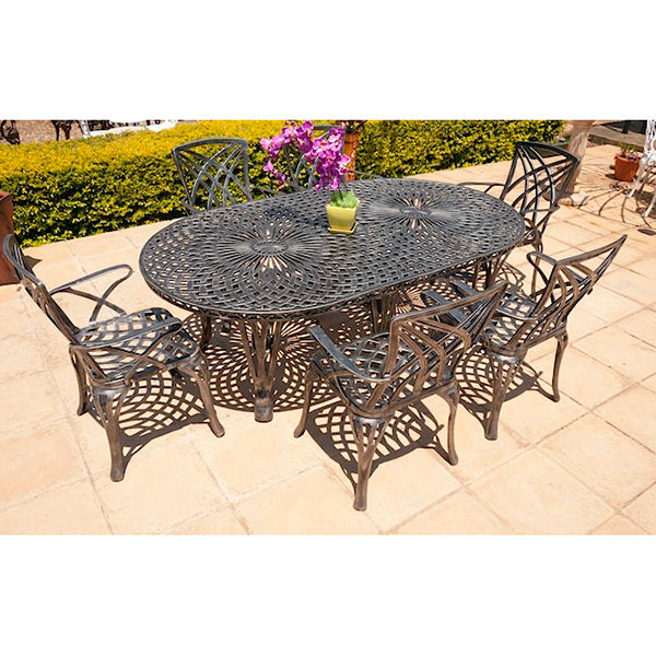 Ageless & Beautiful!   6 Seater Cast Aluminium Patio Furniture Set / Garden Furniture Set / Outdoor Furniture Set - 6 x Rainbow Chairs with  100cm x 185cm Oval King Diamond Table