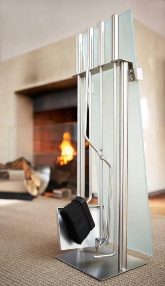 Triangle Fireplace Tool Set - 5 Piece Stainless Steel With Glass Holder - Blomus Germany