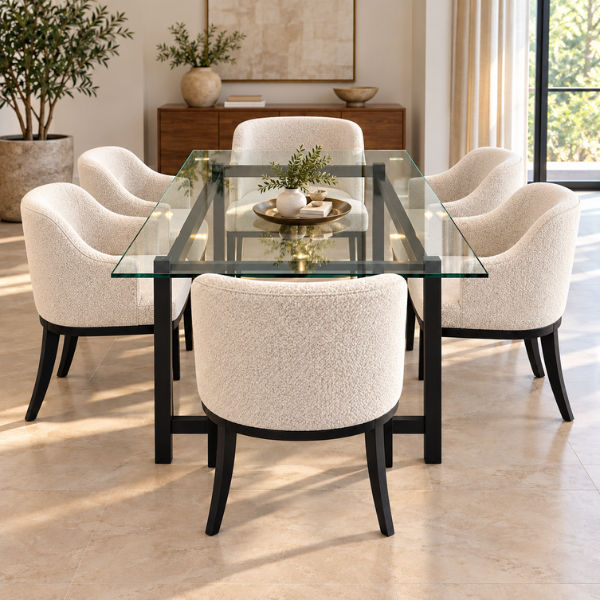 Lucky Furniture 7-Piece Glass Dining Set with 6 Cream Teddy Upholstered Chairs – Black Frame