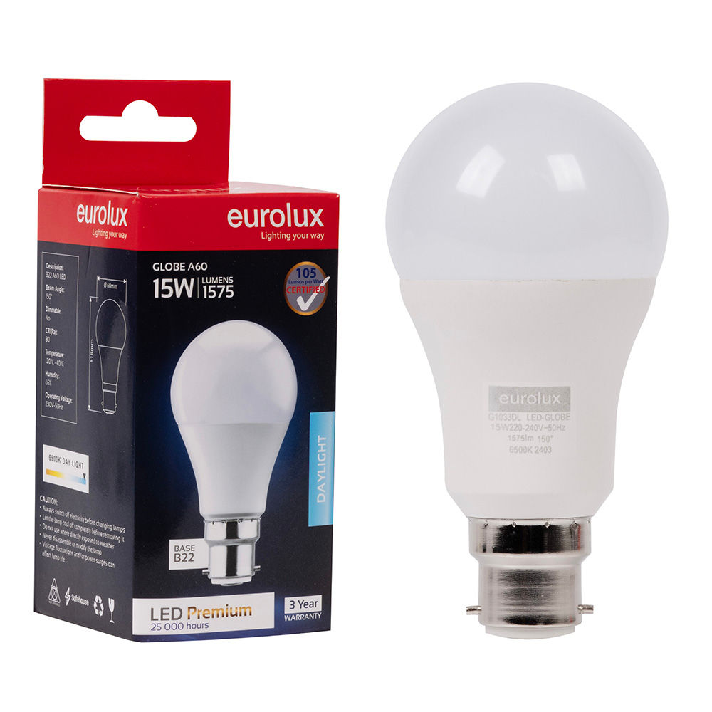 LED A60 15w B22 Day Light 6500k Globe Opal   Lamp