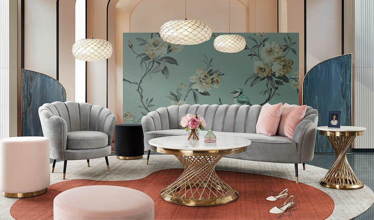 Fio Furniture Symmetrical Velvet Brushed Grey Flower rose Couch Set