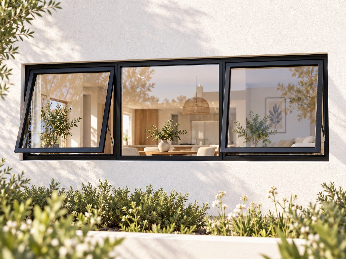 Kenzo Premium Top-Hung Aluminium Window - Black, 2100 600 mm, Two Outer Openers with Fixed Centre, Clear Glass