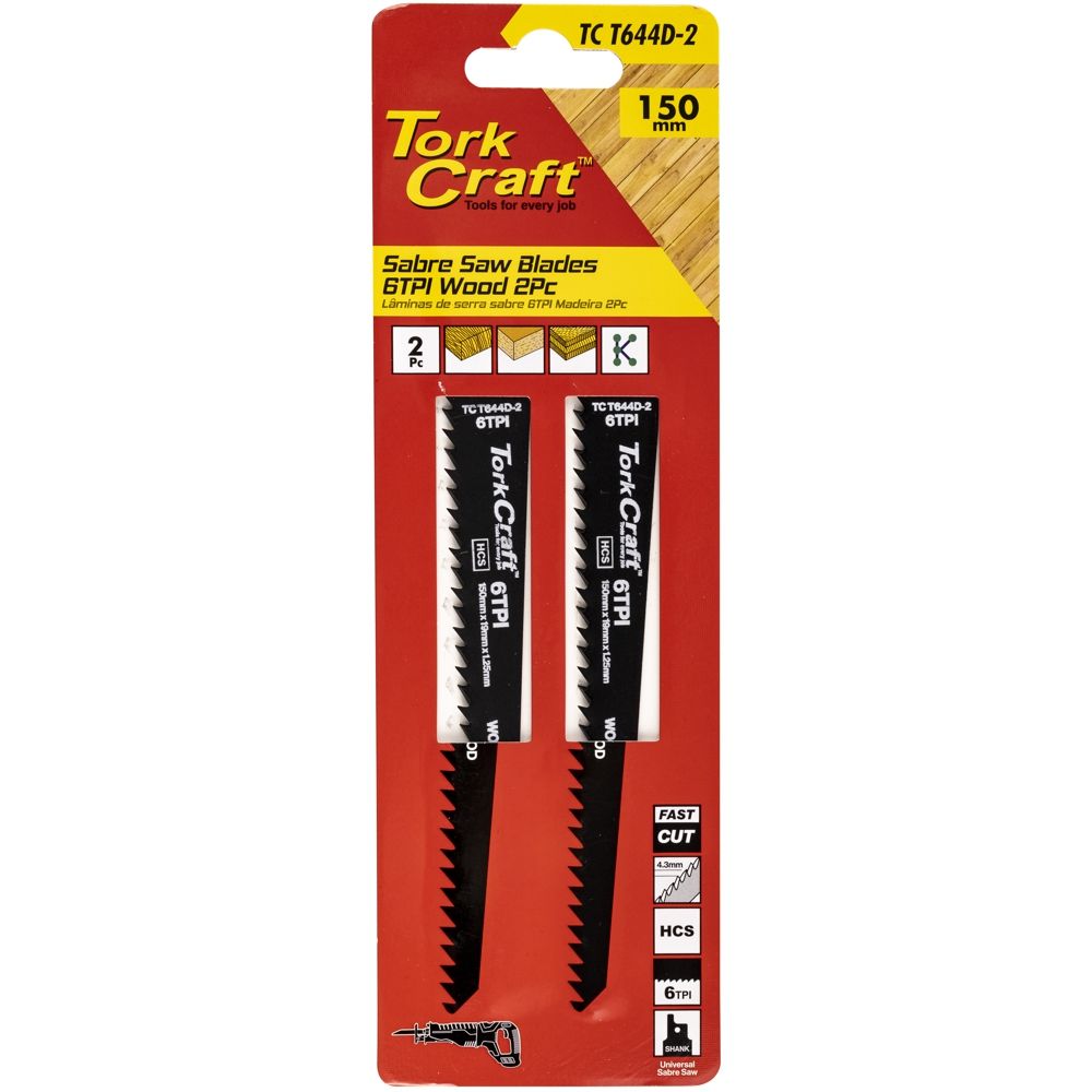 Sabre Saw Blade 150 X 4.3Mm 6Tpi Wood 2Pc