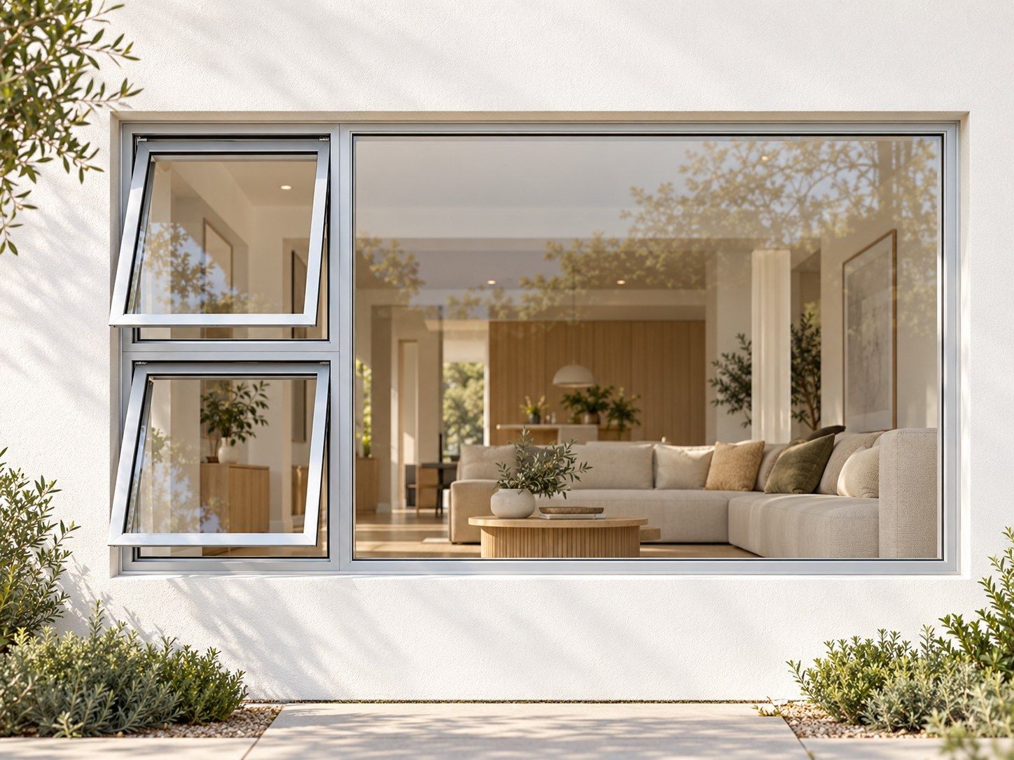 Kenzo Premium Top-Hung Aluminium Window - Silver, 2400 1200 mm, Left Two Openers with Fixed Side Pane, Clear Glass