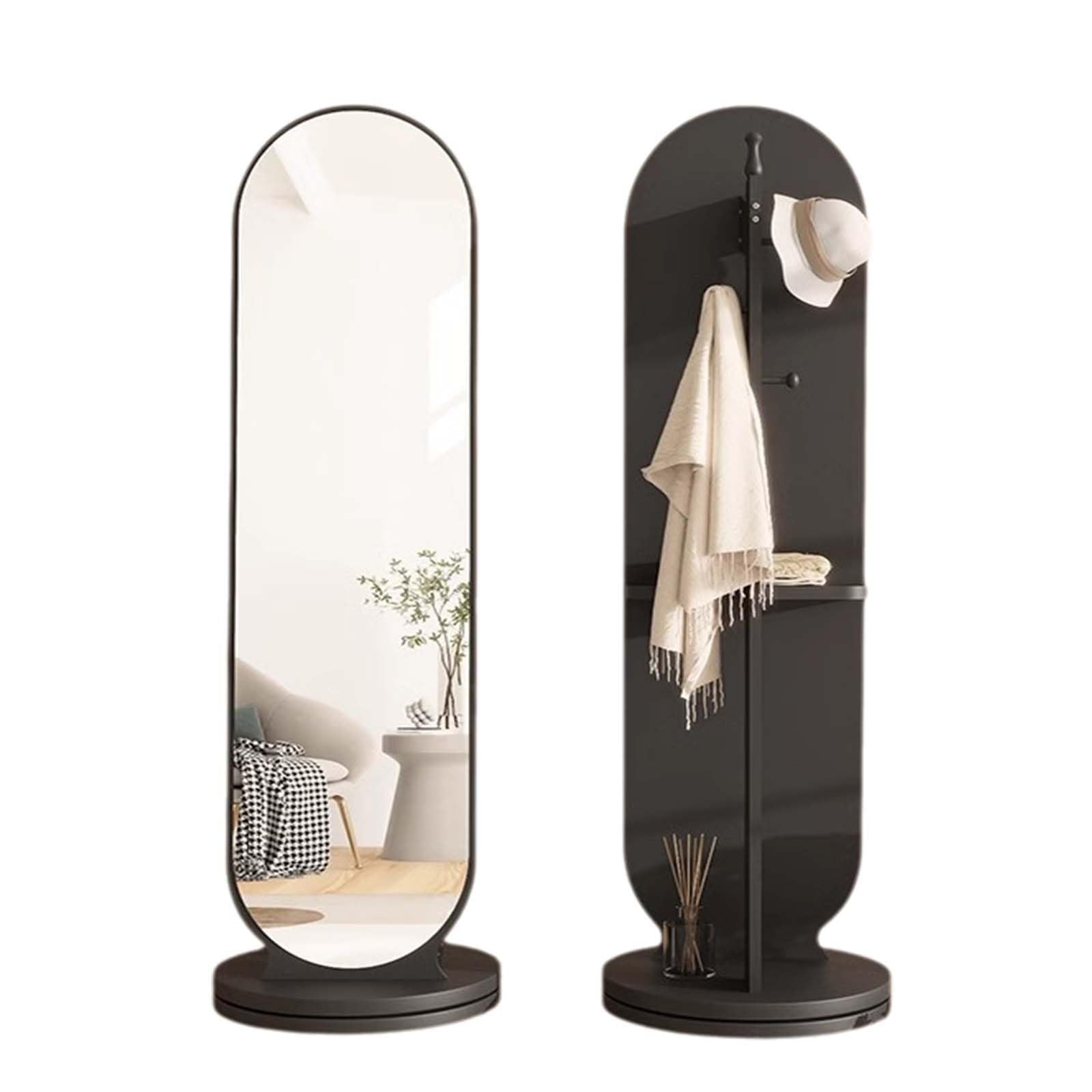 360° Rotating Wood Floor Mirror & Coat Rack - Full Body Mirror with Hooks & Storage Shelf - Modern Style for Living Room & Bedroom (White)
