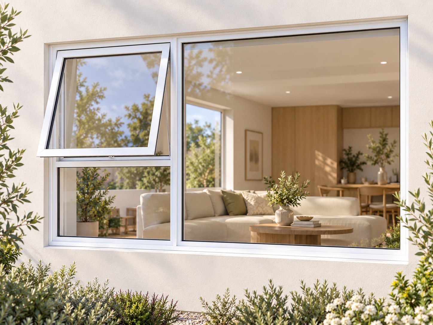 Kenzo Premium Top-Hung Aluminium Window - White, 1800 900 mm, Left Upper Opener with Fixed Lower and Side Panes, Clear Glass