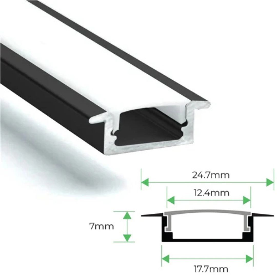 Recessed Aluminium LED Channel 3M Black with White Diffuser Bing Light – 17.7x7mm