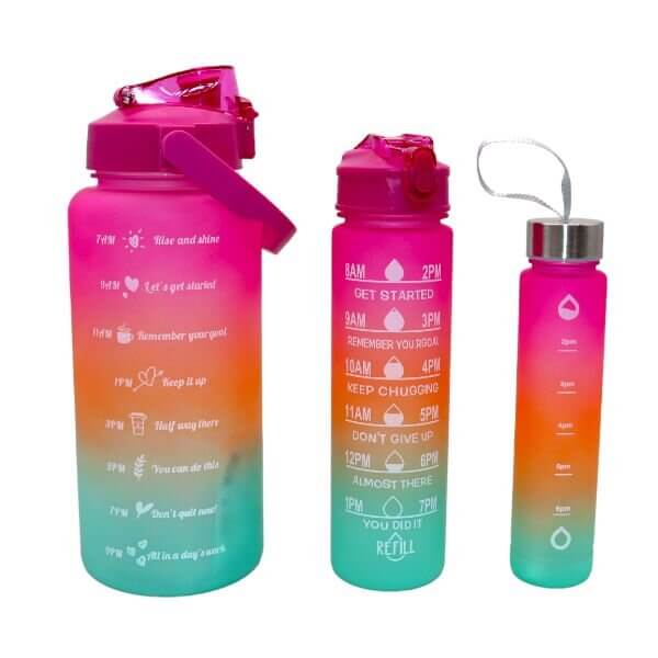 Set of 3 Motivational Water Bottles - Pink,Orange and Blue