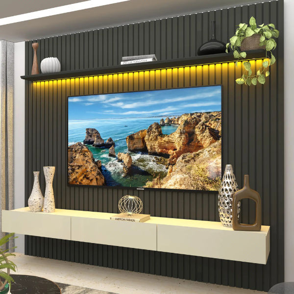 Home Nombre Modern Wall-Mounted Slatted Panel Plasma Stand Graphite/Off White
