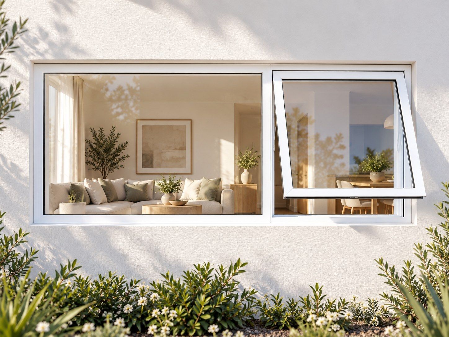 Kenzo Premium Top-Hung Aluminium Window - White, 1500 600 mm, Right Upper Opener with Fixed Side Pane, Clear Glass